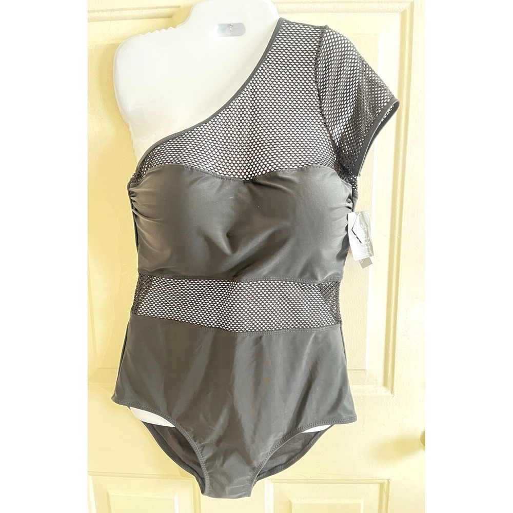 NWT Paramour One‑Shoulder Mesh Detail Underwire Swimsuit Black Plus 0X 36DD 38D - Picture 2 of 10
